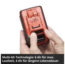 Ein Akku mit Multi-Ah Technologie für 6 Amperestunden maximale Laufzeit oder 4 Amperestunden für eine längere Lebensdauer.