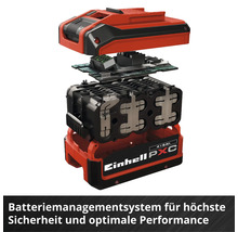 Explosionszeichnung eines Einhell Power X-Change Akkus mit Batteriemanagementsystem, Leiterplatte und Akkuzellen.