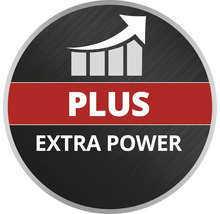Symbol für zusätzliche Leistung mit der Aufschrift Plus Extra Power und ansteigendem Balkendiagramm.