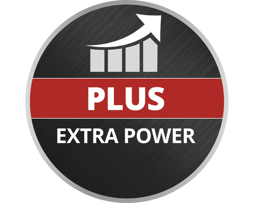 Symbol für zusätzliche Leistung mit der Aufschrift Plus Extra Power und ansteigendem Balkendiagramm.