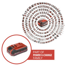 Batterie Einhell avec l'inscription Einhell Power X-Change entourée de nombreux outils et appareils de jardinage compatibles