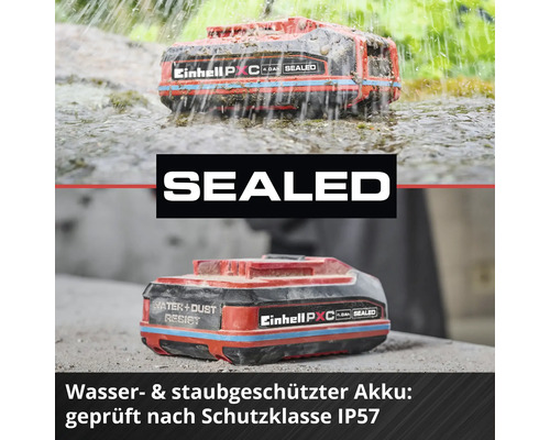 Batterie Einhell protégée contre l'eau et la poussière selon l'indice de protection IP57.