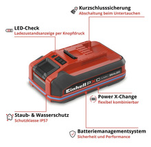 Batterie Einhell Power X Change avec indice de protection IP57, indicateur de charge à diode électroluminescente et système de gestion de batterie.