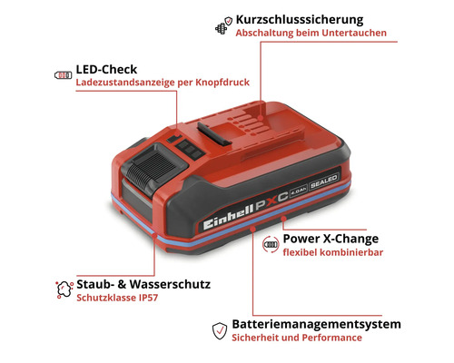 Batterie Einhell Power X Change avec indice de protection IP57, indicateur de charge à diode électroluminescente et système de gestion de batterie.