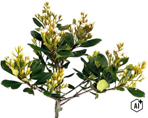 Japanische Weißdolde Stamm FloraSelf Rhaphiolepis umbellata Stammhöhe 50 cm Co 3 L, duftend (Image AI modified or generated)
