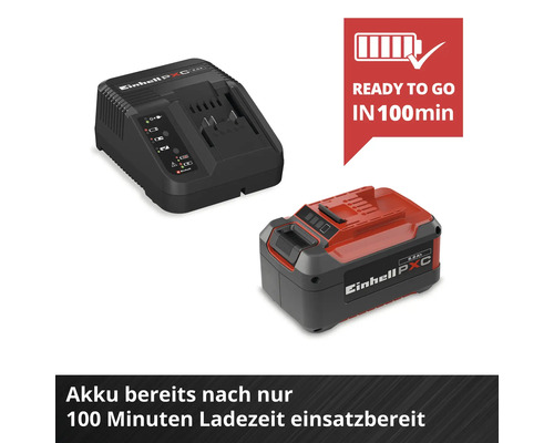 Einhell Power X-Change Akku und Ladegerät, der Akku ist nach 100 Minuten Ladezeit einsatzbereit.