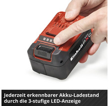 Einhell Power X-Change Akku mit dreistufiger LED-Ladestandsanzeige, die per Knopfdruck aktiviert wird.