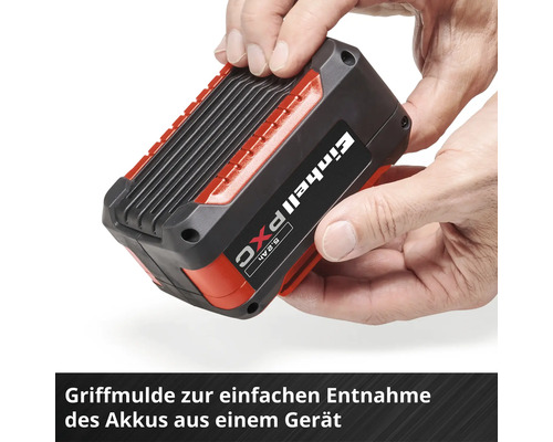 Einhell Power X-Change Akku mit Griffmulde zur einfachen Entnahme aus einem Gerät.