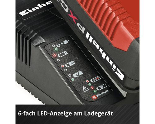 Nahaufnahme der sechsstufigen LED-Statusanzeige an einem Einhell Akku-Ladegerät.