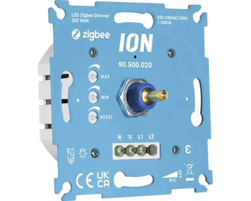 Variateur LED Zigbee ION 200 Watt avec bouton rotatif et bornes de raccordement pour montage encastré