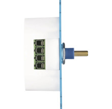 Un potentiomètre électrique comme bouton rotatif pour montage sur panneau avec quatre connexions, vue de côté.