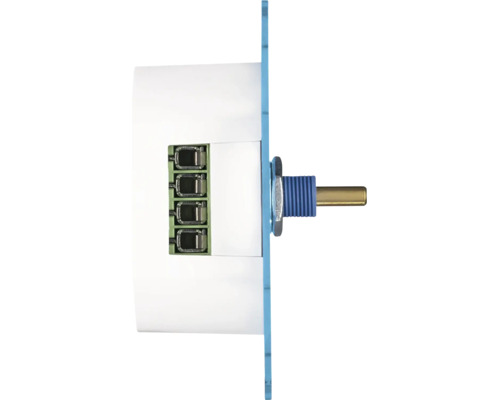 Un potentiomètre électrique comme bouton rotatif pour montage sur panneau avec quatre connexions, vue de côté.