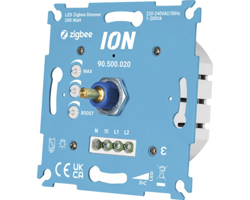 Variateur LED Zigbee ION 200 Watts pour 220 à 240 volts pour montage encastré avec bornes de raccordement.