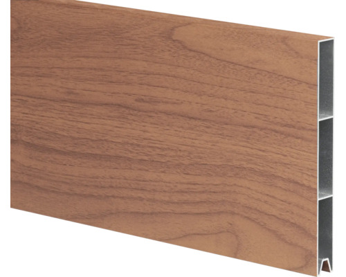 Profilé de clôture en aluminium aspect bois avec profilé à chambre creuse.