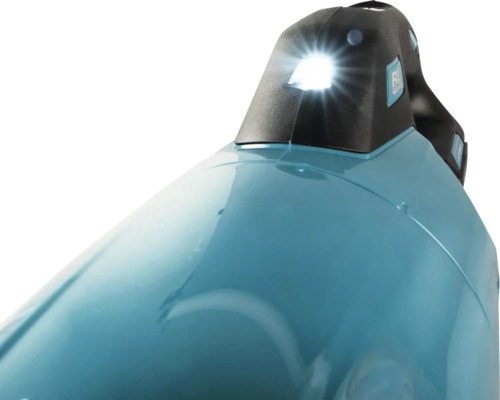 Aspirateur sans fil avec lampe de travail intégrée et allumée.