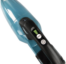 Aspirateur à main avec commandes sur la poignée, comprenant un bouton de mode, un bouton d'alimentation et un indicateur LED.