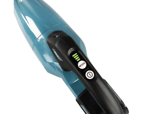 Aspirateur à main avec commandes sur la poignée, comprenant un bouton de mode, un bouton d'alimentation et un indicateur LED.