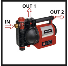Einhell Gartenpumpe mit markiertem Eingang und zwei Ausgängen, integriertem Vorfilter und Bedienpanel mit Statusanzeigen.