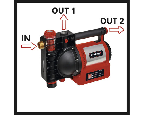 Einhell Gartenpumpe mit markiertem Eingang und zwei Ausgängen, integriertem Vorfilter und Bedienpanel mit Statusanzeigen.