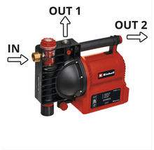 Pompe domestique automatique Einhell avec une entrée d eau et deux sorties d eau.