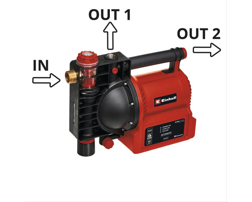 Pompe domestique automatique Einhell avec une entrée d eau et deux sorties d eau.