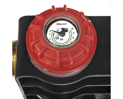 Logo Einhell sur l'indicateur de hauteur d'aspiration d'une pompe à eau avec une échelle de 0 à 10 mètres.