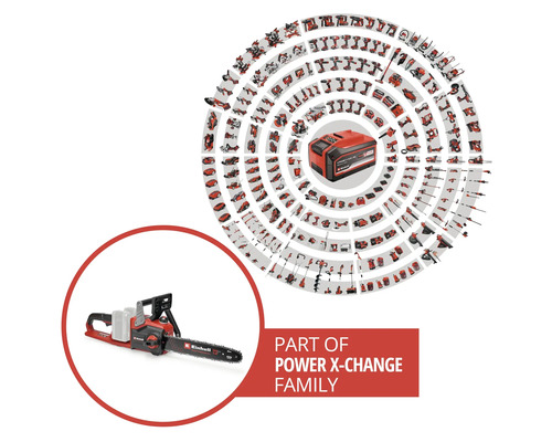 Einhell Akku-Kettensäge als Teil der Power X-Change Familie, dargestellt mit einer Vielzahl kompatibler Akku-Werkzeuge und einem Akku.