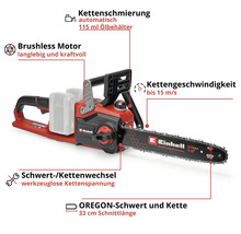 Einhell Akku-Kettensäge mit bürstenlosem Motor, automatischer Kettenschmierung, werkzeugloser Kettenspannung und 33 Zentimeter Oregon-Schwert.