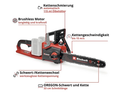 Einhell Akku-Kettensäge mit bürstenlosem Motor, automatischer Kettenschmierung, werkzeugloser Kettenspannung und 33 Zentimeter Oregon-Schwert.