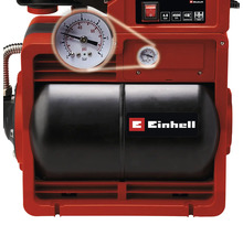 Surpresseur Einhell avec manomètre, réservoir et Einhell Logo. Détails sur 4,8 bars de pression, 4500 litres par heure et clapet anti-retour.