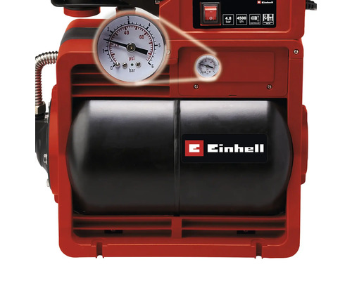 Surpresseur Einhell avec manomètre, réservoir et Einhell Logo. Détails sur 4,8 bars de pression, 4500 litres par heure et clapet anti-retour.