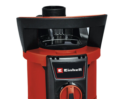 Partie supérieure d une pompe de jardin Einhell avec poignée de transport, raccord, Einhell Logo et bouton rotatif.