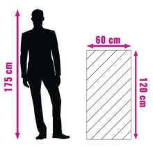 Illustration à l'échelle comparant une personne de 175 centimètres à un objet rectangulaire de 60 sur 120 centimètres.