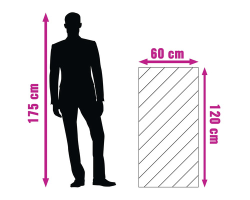 Illustration à l'échelle comparant une personne de 175 centimètres à un objet rectangulaire de 60 sur 120 centimètres.