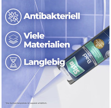 Sista Bad Sanitärsilikon Kartusche beim Verfugen. Symbole für antibakterielle Wirkung, Eignung für viele Materialien und Langlebigkeit.