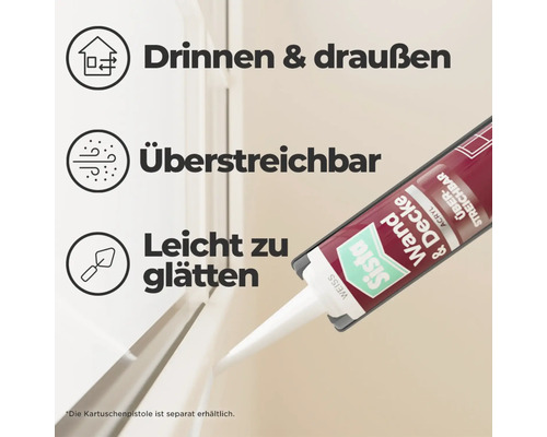 Sista Wand und Decke Acryl wird an einer Fuge aufgetragen. Eigenschaften: für drinnen und draußen, überstreichbar, leicht zu glätten.