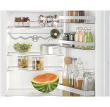 Vue interieure d un refrigerateur Bosch avec clayettes en verre, porte bouteilles, balconnets de porte et pots remplis et une pasteque.