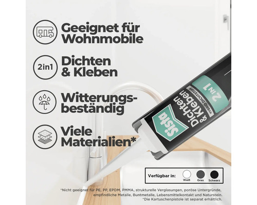 Sista 2in1 Hybrid-Dichtstoff zum Dichten und Kleben, witterungsbeständig, geeignet für Wohnmobile und viele Materialien.