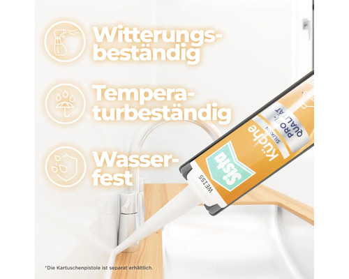 Sista Küche Silikon Weiss an einer Küchenspüle, witterungsbeständig, temperaturbeständig und wasserfest.