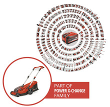 Tondeuse sans fil Einhell faisant partie de la gamme Power X Change avec batterie et nombreux outils électriques compatibles en vue d ensemble.