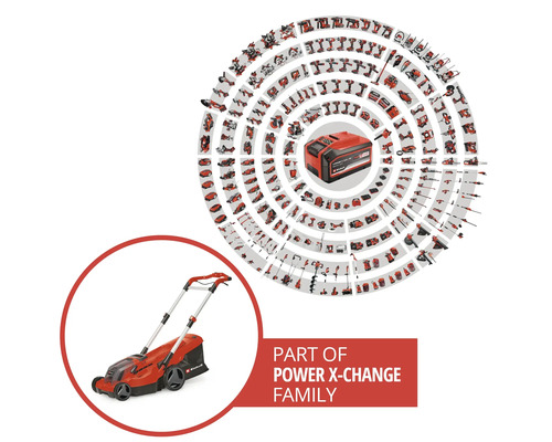 Tondeuse sans fil Einhell faisant partie de la gamme Power X Change avec batterie et nombreux outils électriques compatibles en vue d ensemble.