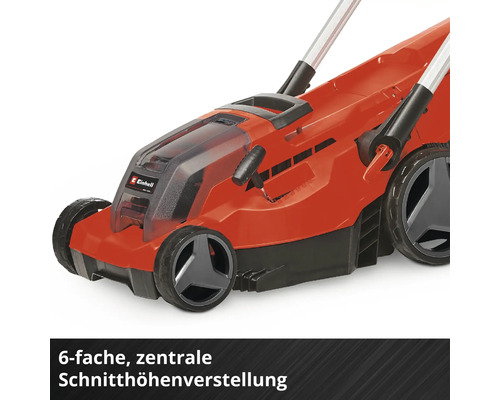 Tondeuse à gazon sans fil Einhell avec réglage central de la hauteur de coupe sur 6 niveaux