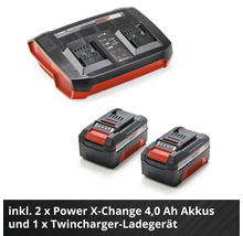 Kit de démarrage batterie Einhell avec un chargeur Power X Change Twincharger et deux batteries lithium ion 4,0 ampères heures 18 volts.