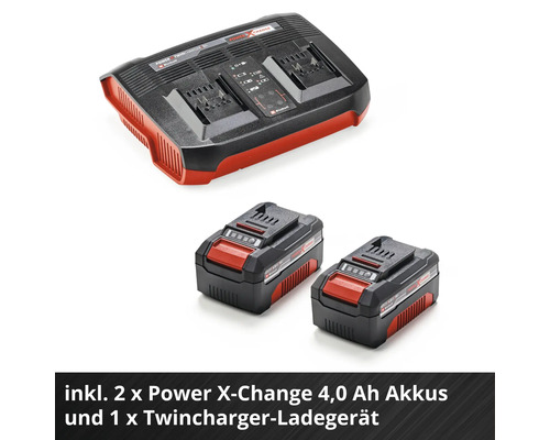 Kit de démarrage batterie Einhell avec un chargeur Power X Change Twincharger et deux batteries lithium ion 4,0 ampères heures 18 volts.