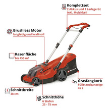 Tondeuse à gazon sans fil Einhell avec informations sur le moteur, la largeur de coupe, la hauteur de coupe, le bac de ramassage et accessoires.