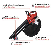 Einhell Akku-Laubsauger mit Details: elektronische Drehzahlregulierung, bürstenloser Motor, Führungsräder, Fangsack und werkzeuglose Funktion.
