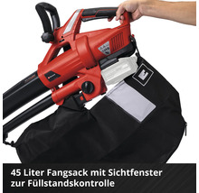 Einhell Akku-Laubsauger mit 45 Liter Fangsack inklusive Sichtfenster zur Füllstandskontrolle.