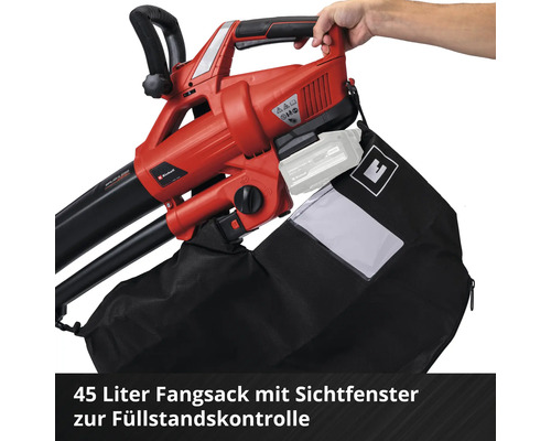 Einhell Akku-Laubsauger mit 45 Liter Fangsack inklusive Sichtfenster zur Füllstandskontrolle.