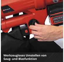 Einhell Akku-Laubsauger: Werkzeuglose Umstellung von Saug- und Blasfunktion per Drehschalter.