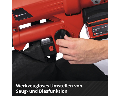Einhell Akku-Laubsauger: Werkzeuglose Umstellung von Saug- und Blasfunktion per Drehschalter.